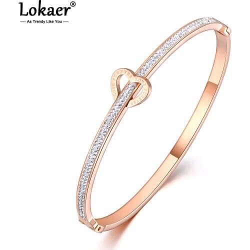 Lokaer Rose Gold Stainless Steel Love For Ever Rhinestone Cuff Bangles Bracelets Jewelry For Women Valentines Day Gift B19032