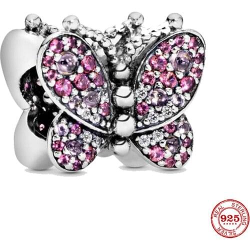 New 925 Sterling Silver Pink Pavé Butterfly Charm Beads Fit Original Pandora Bracelet 2021 Cute Animal Diy Jewelry