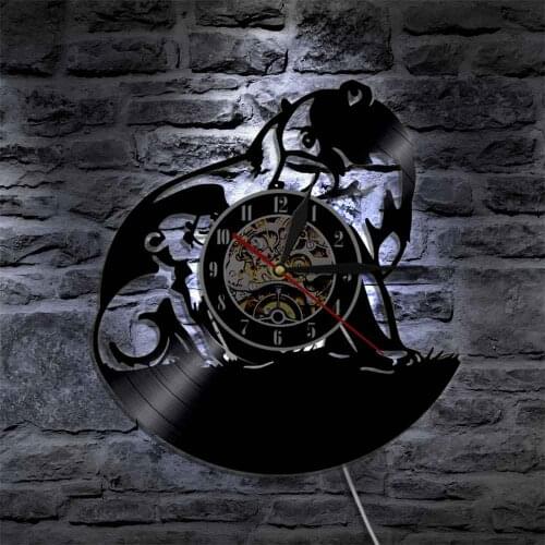 Black Bear Family Silhouette Wall Lamp Bears LED Light Modern Design LED Lighting Wall Clock Made Of Vinyl Record Silent Quartz