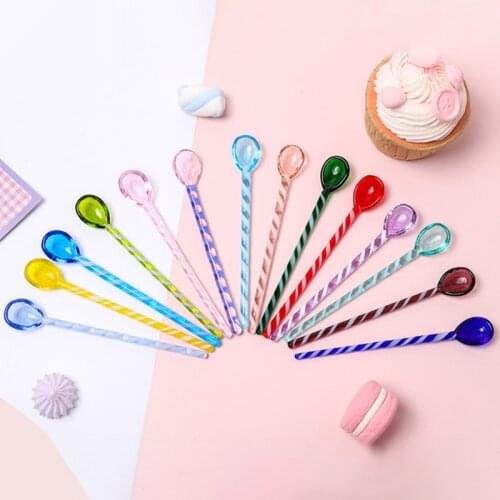 Long Handle Colored Glass Spoon Clear Coffee Stirring Spoon Heat Resistant Dessert Spoon Dinnerware For Home Kitchen Restaurant