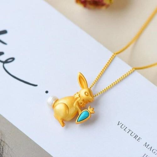 Ancient gold craftsmanship inlaid turquoise rabbit necklace pendant light luxury cute elegant ladies engagement silver jewelry