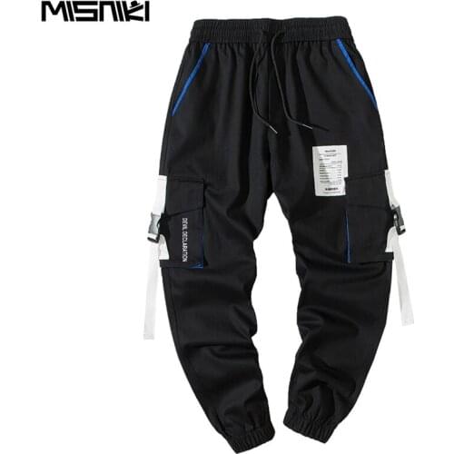 Misniki 2020 Autumn Hip Hop Joggers Men Black Harem Pants Multi Pocket Ribbons Man Sweatpants Streetwear Casual Mens Pants JP54