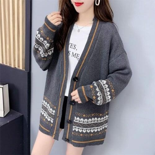Cardigan Knitted Sweater Womens Coat Vintage Sweaters Loose V-neck Sweater Autumn Winter Plus Size Women Clothing