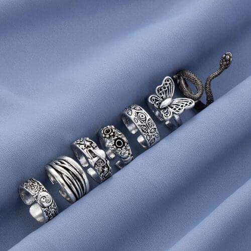 Punk Ring For Women Girls Snake Frog Butterfly Smile Vintage Ancient Silver Color Mens Ring Sets Jewelry Hip Hop Open Rings