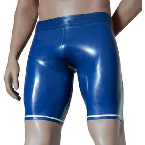 100% handmade shorts mens blue latex underpants with white trims decorations