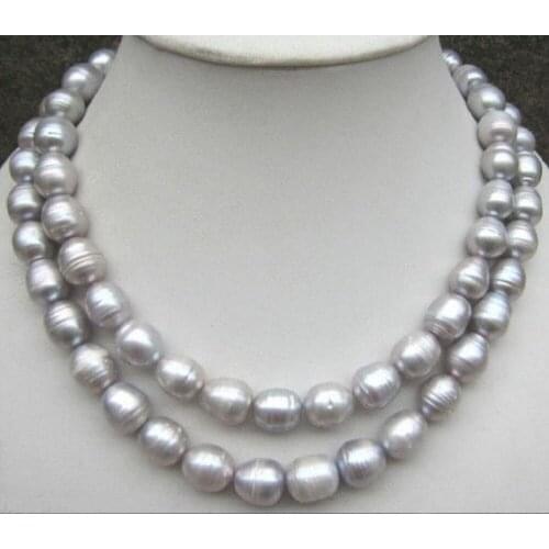32" AAA 9-10mm natural tahitian silver gray pearl necklace 14K yellow gold clas