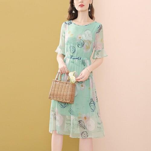 Only Plus Printed Sweet Green Dress O-Neck Ruffle Short Sleeve Sashe Casual High Waist Vacation Beach Dresses Female Summer