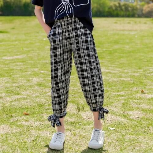 Korean Style Casual Pants For Girls Fashion Plaid Print Elastic Waist Long Pants Summer Children Daily Trousers Clothes