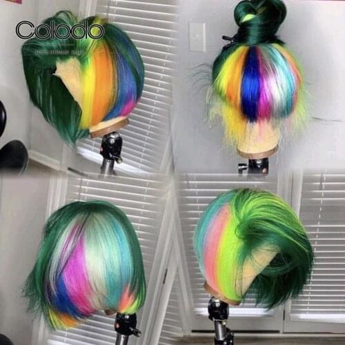 Pre Plucked Rainbow Color Bob Wig Lace Front Human Hair Wigs with Baby Hair Glueless Transparent Lace Highlight Wig COLODO