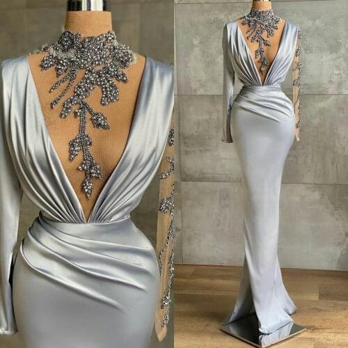 Silver Rhinestone Evening Dresses High Collar Long Sleeve Mermaid Prom Dress Party Wear Side Split Robes De Soirée
