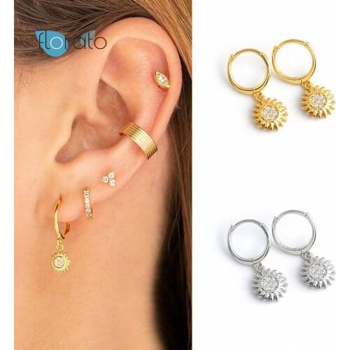 Sunflower Crystal Huggie Hoop Earrings for Women Prevent Allergy 925 Sterling Silver Earrings for Girls Females Boho Jewelry