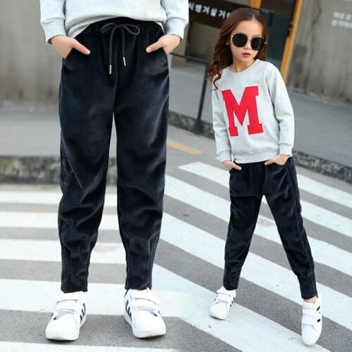 Girls Pants 2017 Winter Big Children Thick Velvet Pants Bling Stripe Casual Harem Pants Age 4 6 8 10 12