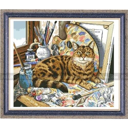 Top Manufacturer Embroidery the Painter Cat Counted Cross Stitch Dimensions with 100% Cotton Floss &Free Shipping for Wall Decor