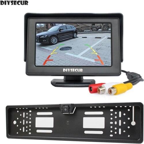 DIYSECUR Waterproof European Car License Plate Frame Rear View Backup Camera + 4.3 inch LCD Display Car Monitor Free Video Cable