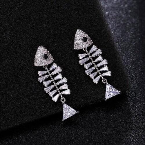 Top Quality Gold Silver Color Pave AAA+ Zircon Fish Bones S925 Silver Post Studs Earrings for Women Brincos Fashion Jewelry