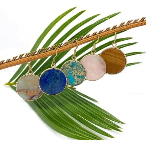 Earrings for Women Tiger Eye Stone Lapis Lazuli Powder Crystal Edging Process Natural Stone Retro Style Fashion Jewelry 2021