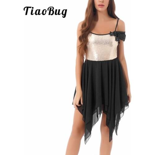 Women Sleeveless Asymmetrical Chiffon Lyrical Dance Costumes Adult Shiny Sequins Ballet Gymnastics Leotard Dance Dress