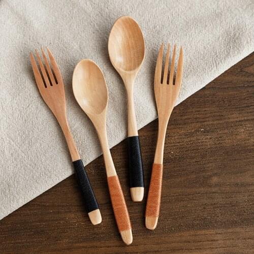 2PCS Creative Wooden Japanese Tableware Natural Wooden Spoon Kitchen Accessories Spoon Fork Two Pieces Handmade