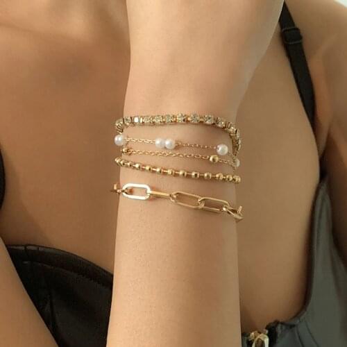 5Pcs/set Bohemian Gold Color Bracelets for Women Crystal Wrist Chain Handmade Pearl Beads Layered Hand Chain Charm Bracelet Set