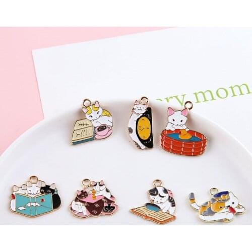 6pcs Japanese And Korean Girl Cartoon Earrings Fashion Alloy Drop Oil Fun Cute Pet Cat Pendant Material Diy Jewelry Accessories