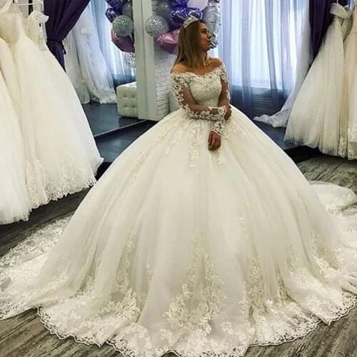 ANGELSBRIDEP Ball Gown Wedding Dresses Long Sleeves Robe de mariee Applique Sequined Court Train Formal Bride Dresses Hot Sale