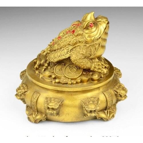 China Pure Brass Fengshui Yuanbao Wealth Money Treasure Bowl Golden Toad Statue