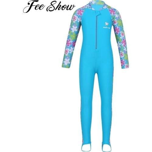Kids Girls One-piece Surfing Swimsuits Flower Printed Long Sleeves Zipper Up Rash Guard Swimwear Beach Swimming Bathing Suit