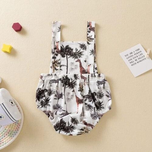Baby Palm Tree Print Romper Girls Sleeveless Backless Square Collar Short Jumpsuit For Summer