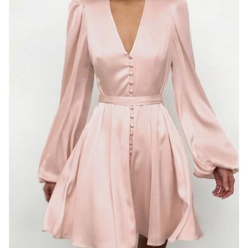 Elegant Ladies V-neck Solid Party Dresses Satin Lantern Sleeve Soft Material Button Mini Dress Casual Streetwear Vestidos Mujer