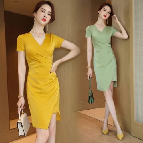 IZICFLY New Korean Style Yellow Summer Dresses For Women 2021 Elegant Office Slim Business Clothes Ladies Work Wear-Thin