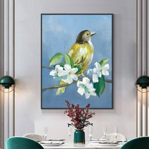 Bird On branch With Flower Oil Painting On Canvas Print Nordic Poster Wall Art Picture For Living Room Home Decoration Frameless