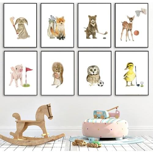 Woodland Animals Playing Sports Fox Bunny Bear Nursery Wall Art Print Canvas Painting Nordic Poster Wall Pictures Boy Room Decor