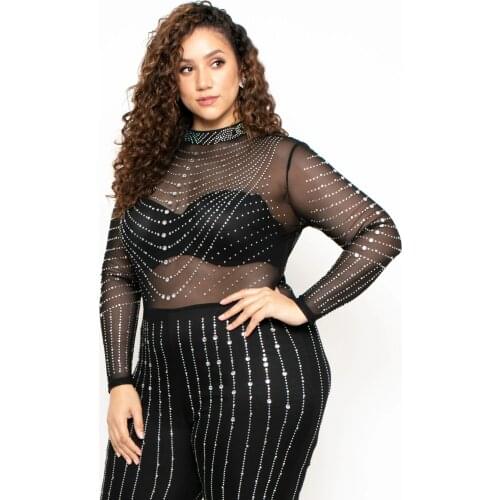 Large Size High Elastic Mesh Pants Suit See-through Sexy Long-sleeved Jumpsuit Women Autumn Clothes Women Trendy Wholesale