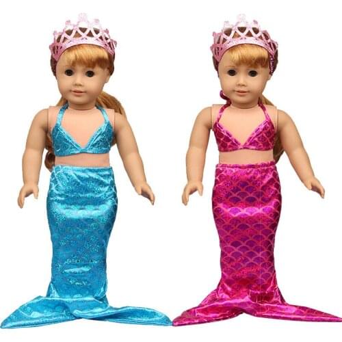 Summer New Pattern Fashion Mermaid Bikini Crown Swimsuit Three Piece Set Fit 18 Inch American 43cm Baby Doll Clothes Accessories