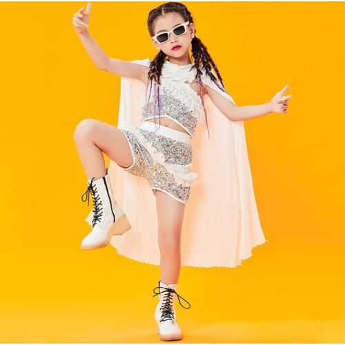 Fashion Girls Jazz Dancing Clothes Stage Catwalk Silver Costumes Fringe Coat Ballroom Modern Dance Wear Ropa Hip Hop Kids BL4302