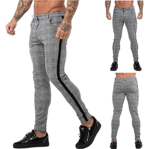 Casual Mens Chinos Cotton Slim Fit Men Pants Trousers Skinny Chinos Pants Grey Ankle Length Streetwear Plaid Side Stripe Pants