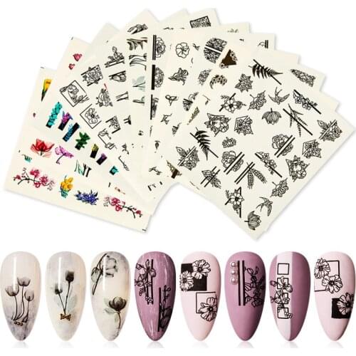 Black White Flowers Stickers For Nails Green Leaves Water Decal Slider Nail Art Wraps Manicure Decoration