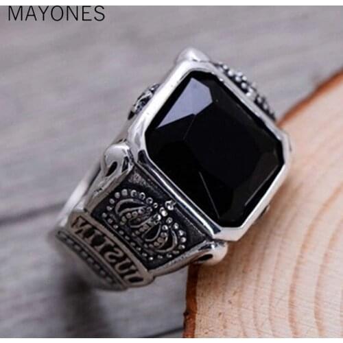 100% Real 925 Sterling Silver Black Onyx Rings For Men Retro Hexagram Crown Engraved Square Natural Stone Jewelry