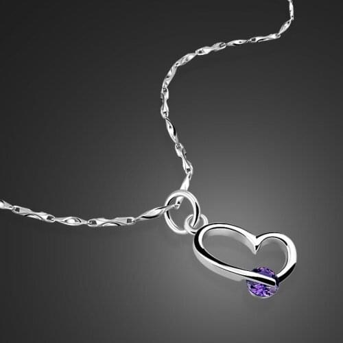 Classic fashion 925 silver heart-shaped pendant necklace.Romantic purple crystal pendant.Solid silver charm women necklace