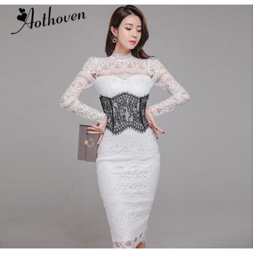 Spring Dresses White Bodycon Women Dress Office Lady Sexy Party Midi Pencil Wrap Slim Elegant Stand Collar Lace Dress Vestidos