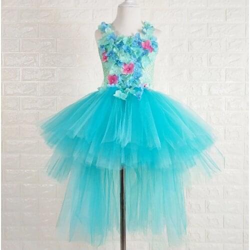 POSH DREAM Aqua Blue Flower Kids Girls Wedding Dress with Train Tulle Flower Straps Children Party Clothes Kids Girls Tutu Dress