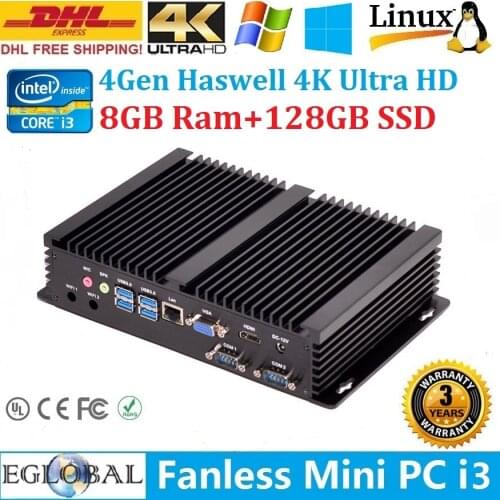 Eglobal Fanless Industrial Mini PC Windows10 Core i3 4010U 5005U 2*RS232 Slim Computer 300M Wifi 1*HDMI 1*VGA 1*LAN TV Box