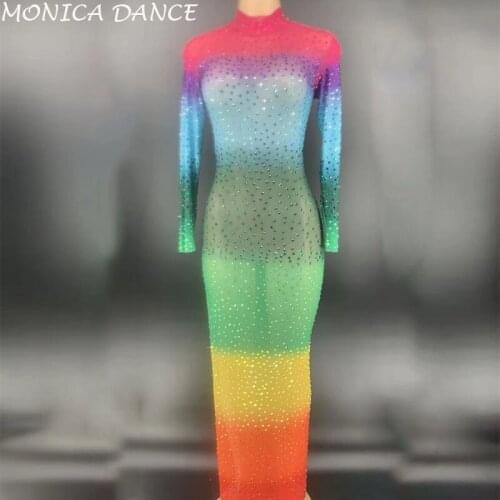 Sexy Stage Colorful See Through Mesh Dress Women Birthday Party Celebrate Stretch Dress Bar Nightclub Women Dance Dress