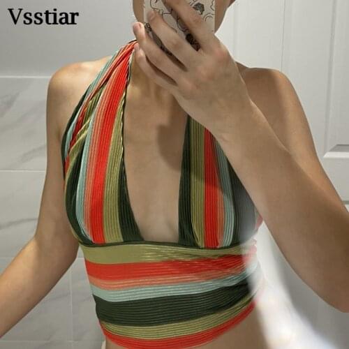 Vsstiar Sexy Off Shoulder Cropped Clubwear Party Sleeveless SkinnyTank Tops New Fashion Summe Women Striped Top Y2K