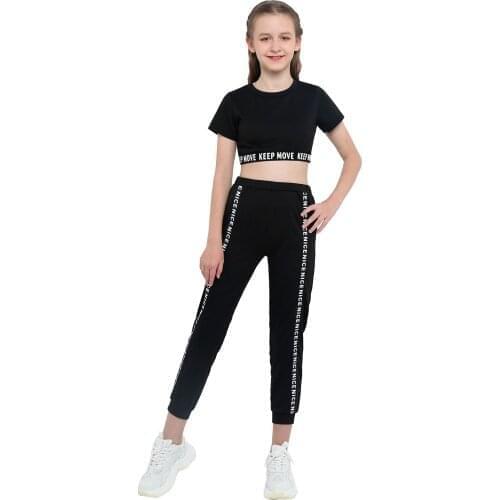 Kids Tracksuit Fashion Girls Sportwear Letter Printed Short Sleeves Crop Top with Leggings 2pcs Children Sets Gymnastics Outfits