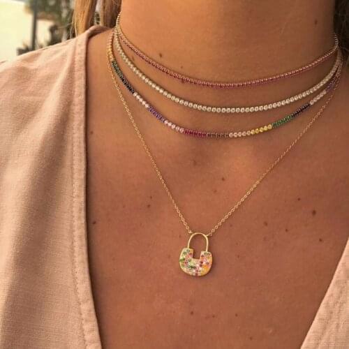 Sexy tiny cz tennis chain with luxury rainbow cz colorful charm 35+5cm choker necklaces iced out bling multilayer women jewelry
