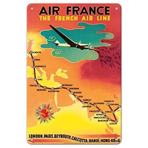 The French Air Line - London to Hong Kong - Dewoitine D.338 - Airlineby N. Gérale c.1940 Metal Tin Sign