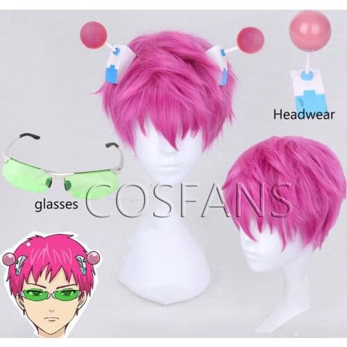 Tokyo Anime The Disastrous Life of Saiki K. Cosplay Wig Glasses Saiki Kusuo Short Pink Synthetic Hair with Hair Pin +Wig Cap