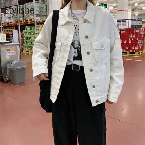Stylishe Women Denim Jacket Casual White Oversized Jean Jacket Spring Fall Korean Style Jacket Women Short Coat Female