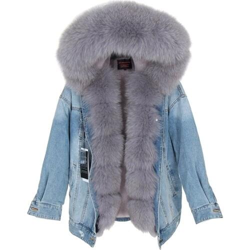 2018 denim jacket fox fur coat coat fashion denim fox fur warm lady winter jacket women parka free ship DHL 3-5days